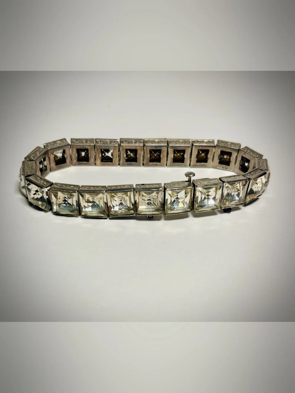 Estate Heirloom 1930s Sterling Silver Square-Cut Rhinestone Bracelet